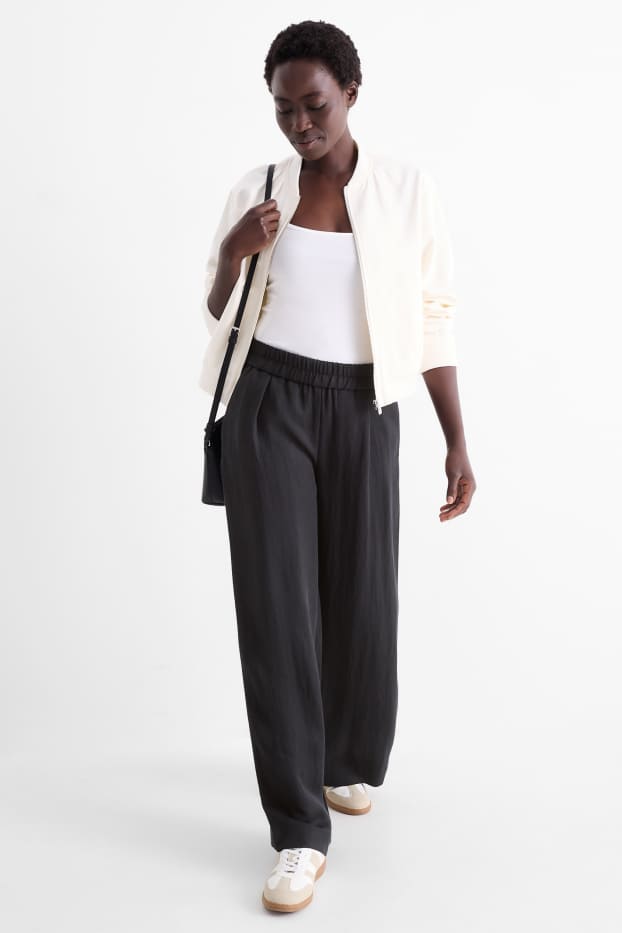 Femmes - Pantalon en toile - mid waist - wide leg - noir