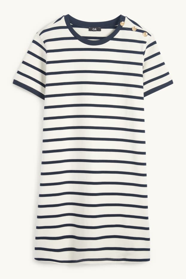 Dames - T-shirt-jurk - gestreept - donkerblauw / crème wit