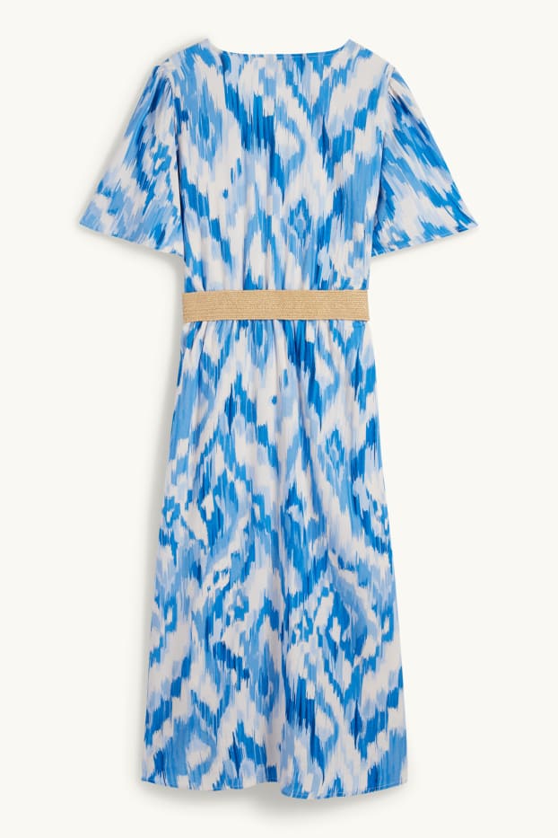 Femmes - Robe en viscose à col V et dotée d'une ceinture - à motif - bleu