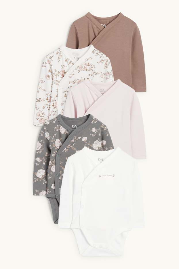 Baby: meisjes - Set van 5 - bloemetjes - wikkelrompertje - crème wit