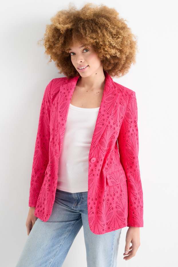 Women - Long blazer - regular fit - broderie anglaise - pink