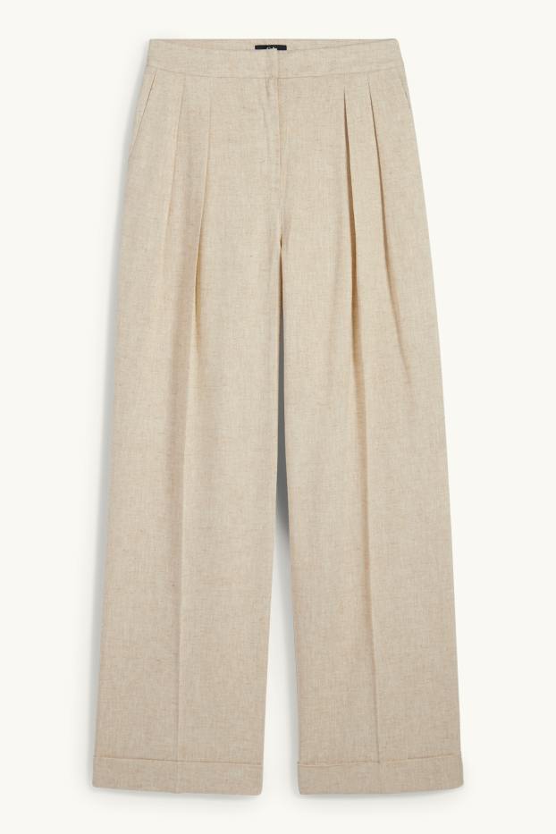 Women - Business trousers - high-rise waist - wide leg - linen blend - beige / gold