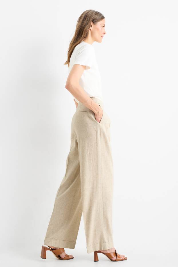 Women - Business trousers - high-rise waist - wide leg - linen blend - beige / gold