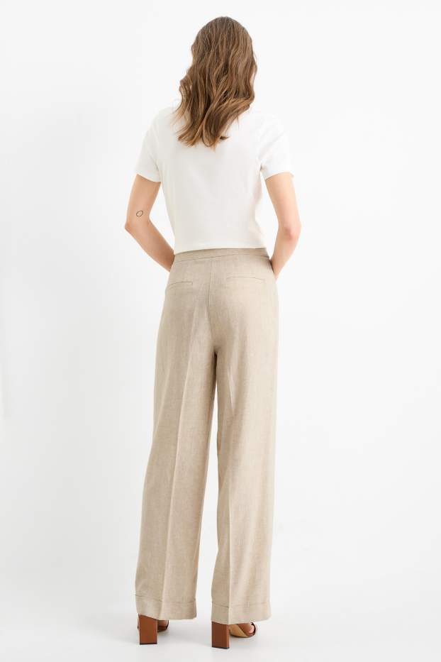 Women - Business trousers - high-rise waist - wide leg - linen blend - beige / gold