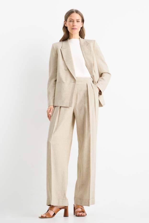Women - Business trousers - high-rise waist - wide leg - linen blend - beige / gold