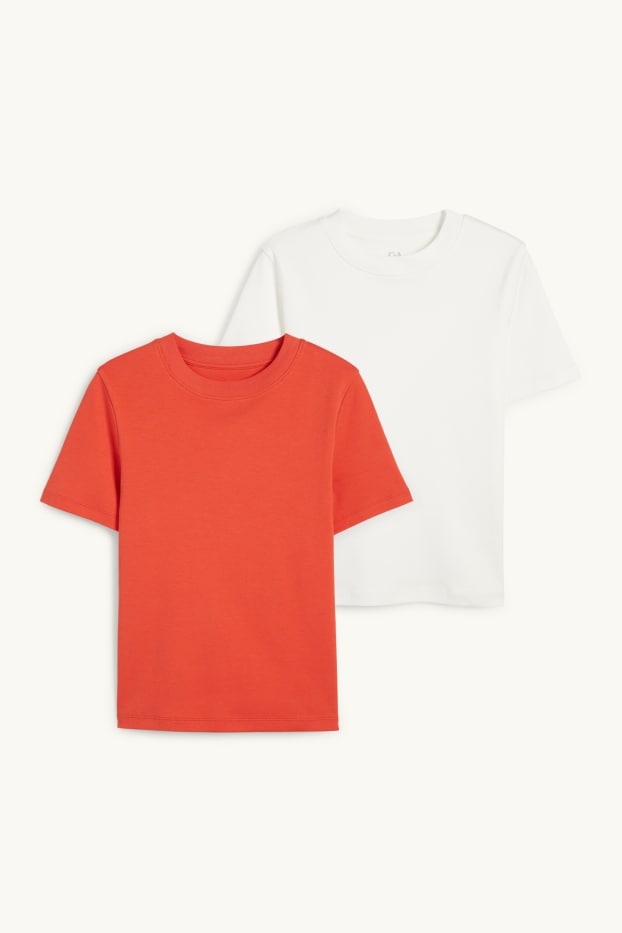 Dames - Set van 2 - basic T-shirt - wit / oranje