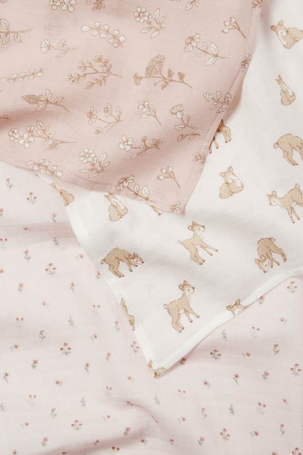Bébés filles - Lot de 3 - petites fleurs et faon - lange en gaze de coton pour bébé - rose