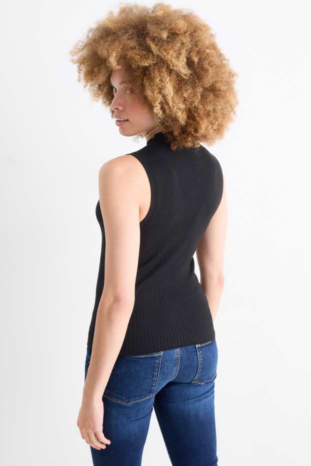 Dames - Topje met rolkraag - ribstof - zwart