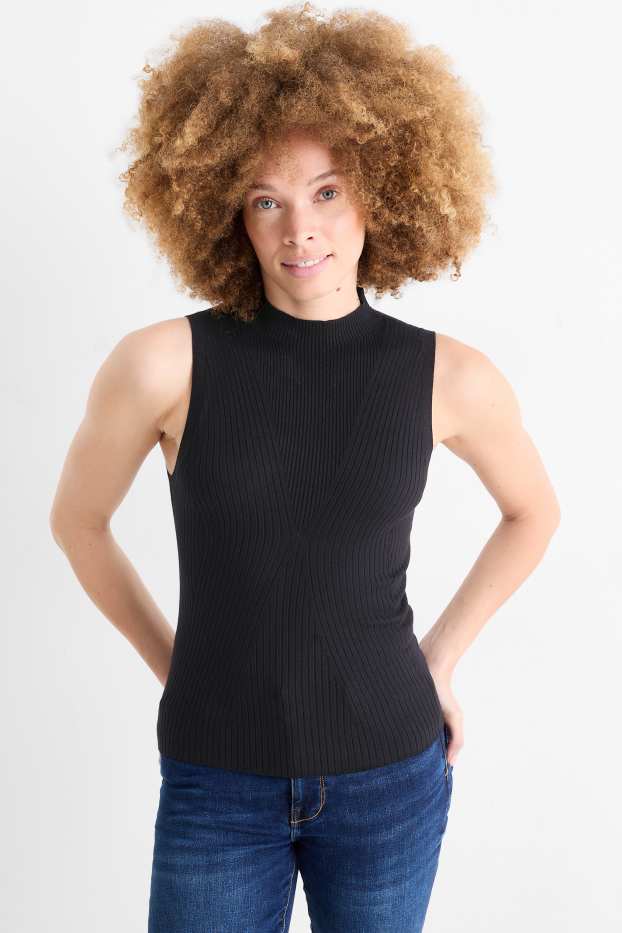 Dames - Topje met rolkraag - ribstof - zwart