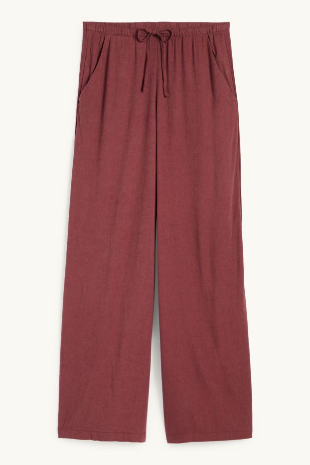 Women - Cloth trousers with linen content - mid-rise waist - wide leg - bordeaux