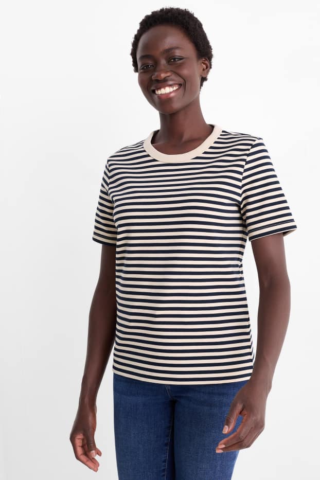 Dames - T-shirt - regular fit - gestreept - zwart / beige