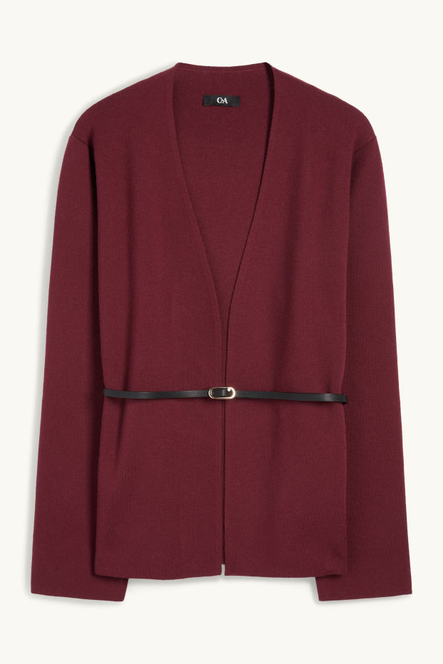 Women - Cardigan with belt - dark red