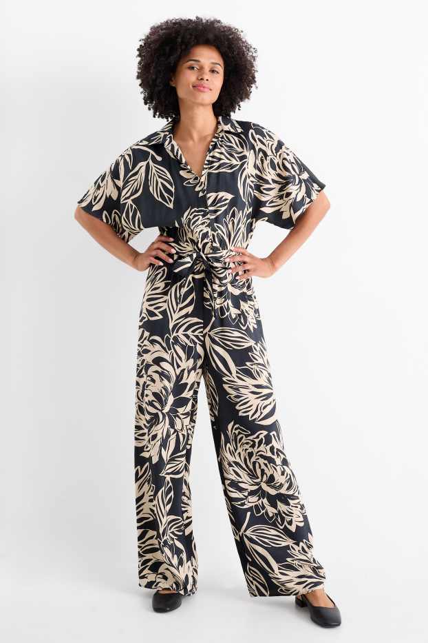 Dames - Jumpsuit - gebloemd - zwart / beige