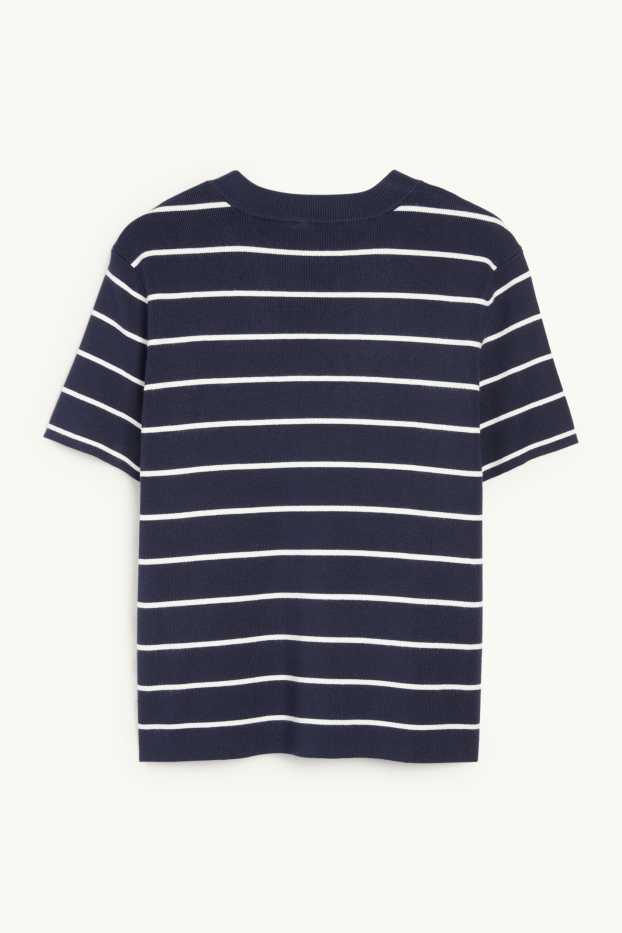 Dámské - Pletený svetr - s krátkým rukávem - pruhovaný - tmavomodrá