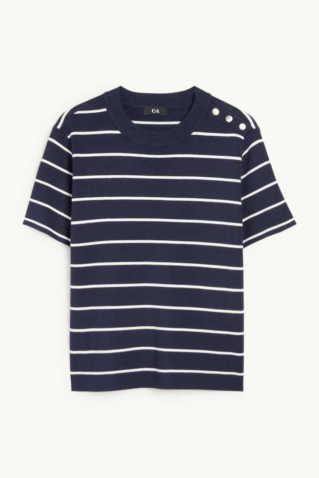 Dámské - Pletený svetr - s krátkým rukávem - pruhovaný - tmavomodrá