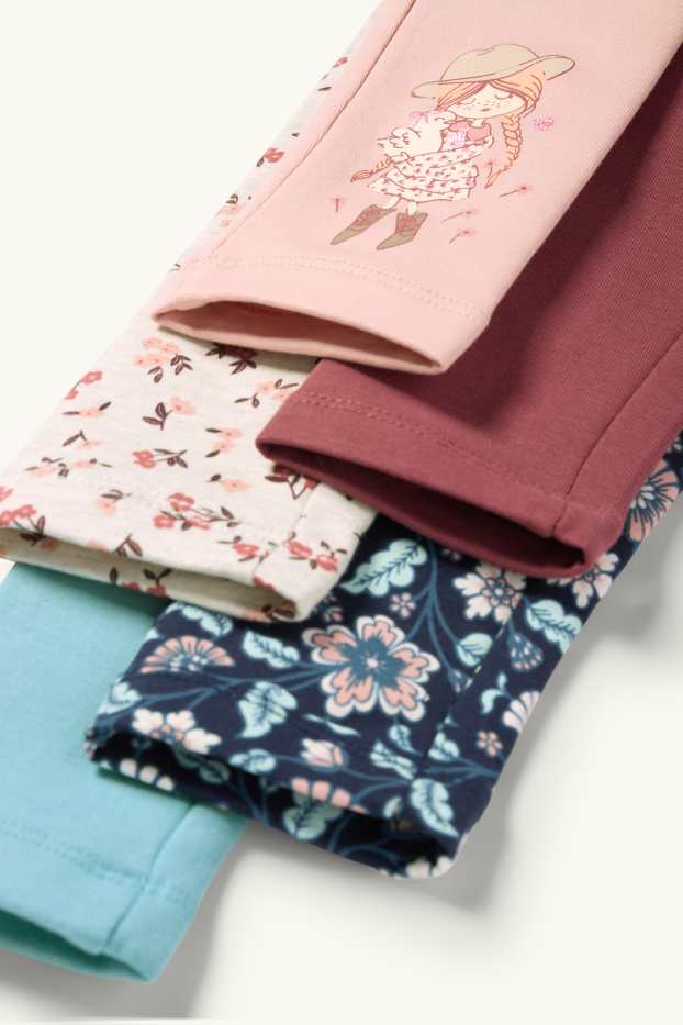 Enfants filles - Lot de 5 - petite fille et fleurs - leggings - rose / bleu