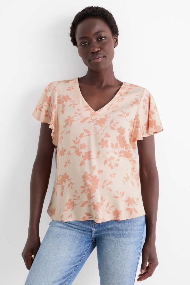 Donna - Blusa con volant - a fiori - arancio chiaro