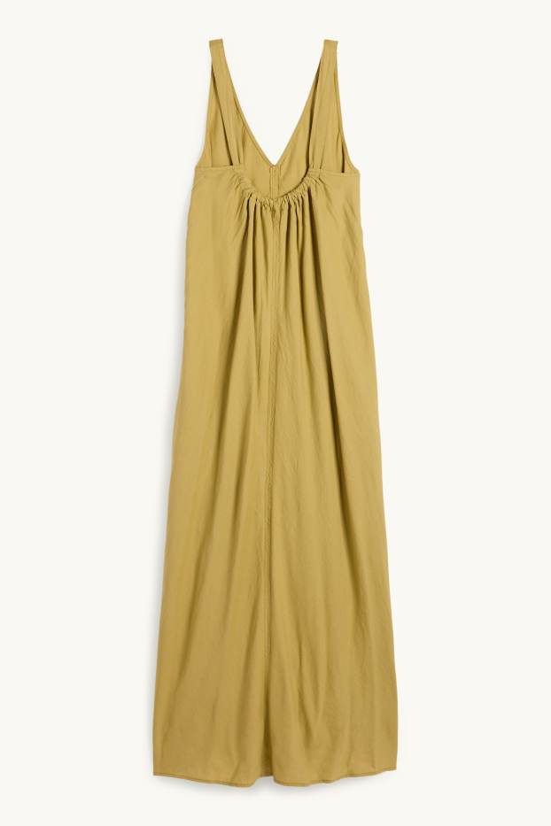 Women - V-neck dress - linen blend - khaki