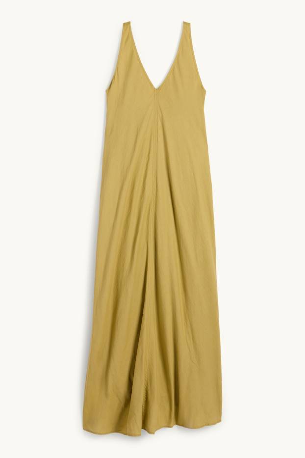 Women - V-neck dress - linen blend - khaki