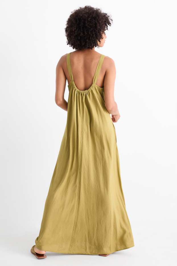 Women - V-neck dress - linen blend - khaki