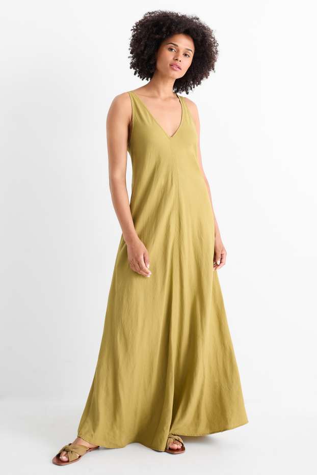 Women - V-neck dress - linen blend - khaki