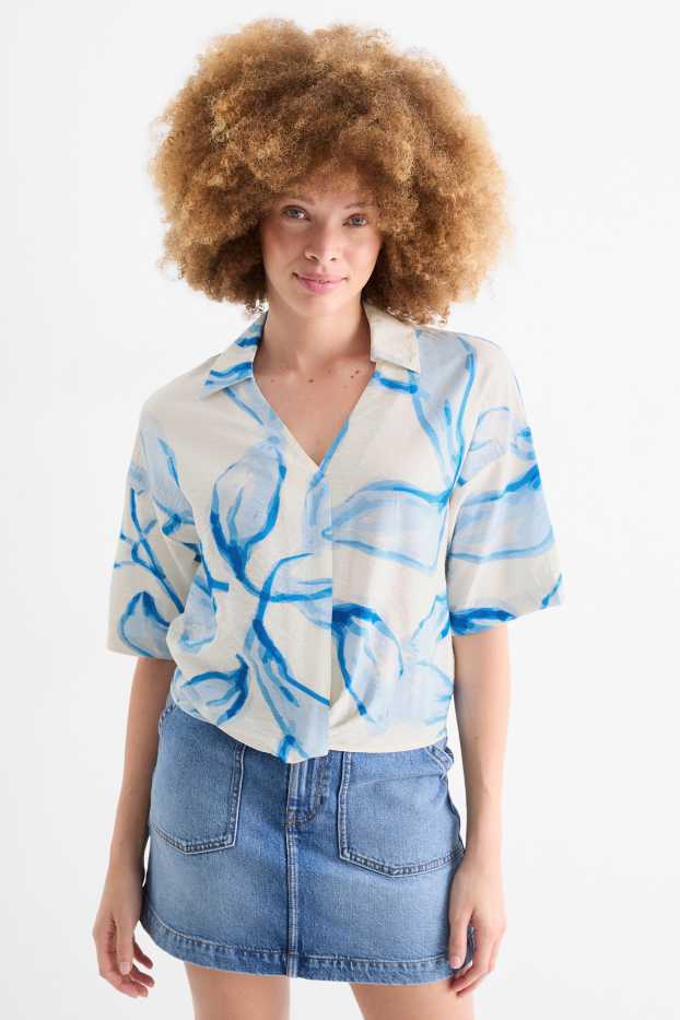 Donna - Blusa con scollo a V - fantasia - bianco / azzurro