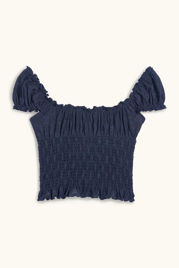 Dames - Korte top - broderie Anglaise - gesmokt - donkerblauw