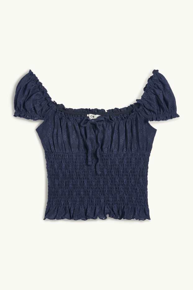 Dames - Korte top - broderie Anglaise - gesmokt - donkerblauw