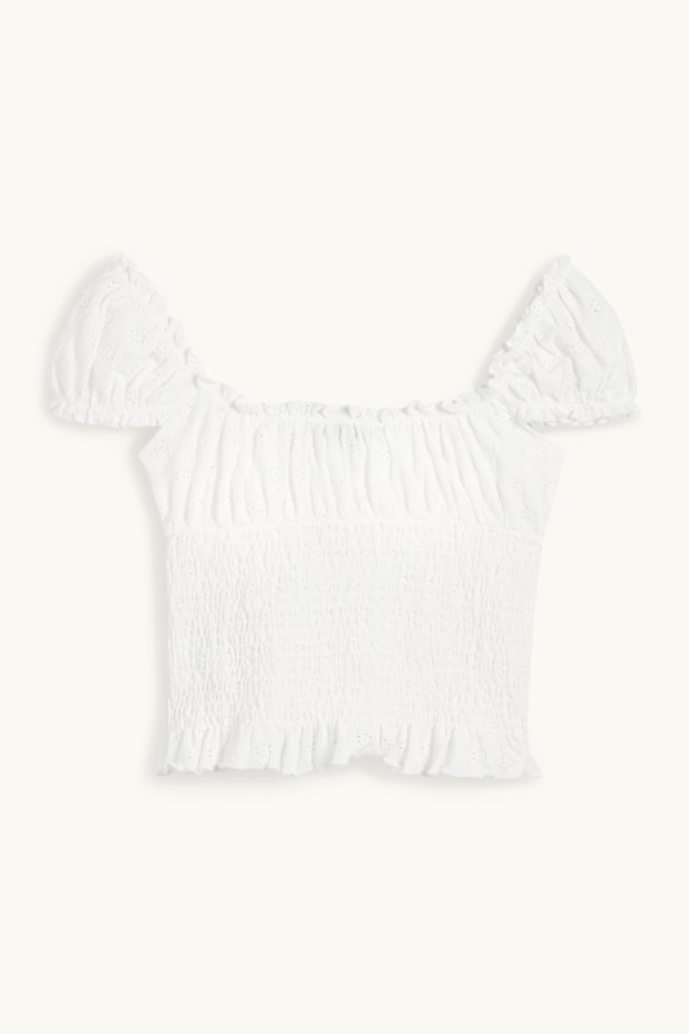 Dames - Korte top - broderie Anglaise - gesmokt - wit