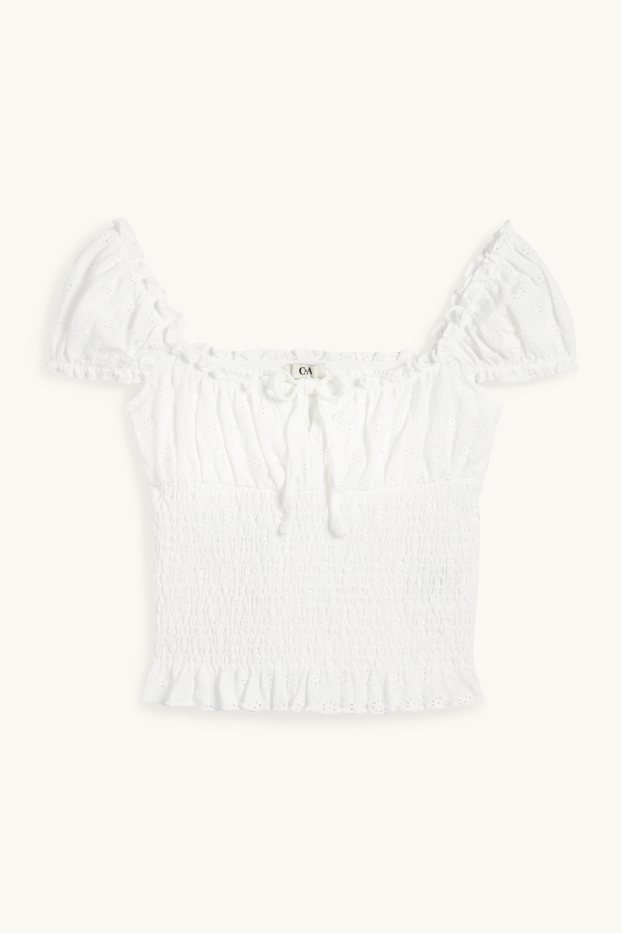 Dames - Korte top - broderie Anglaise - gesmokt - wit