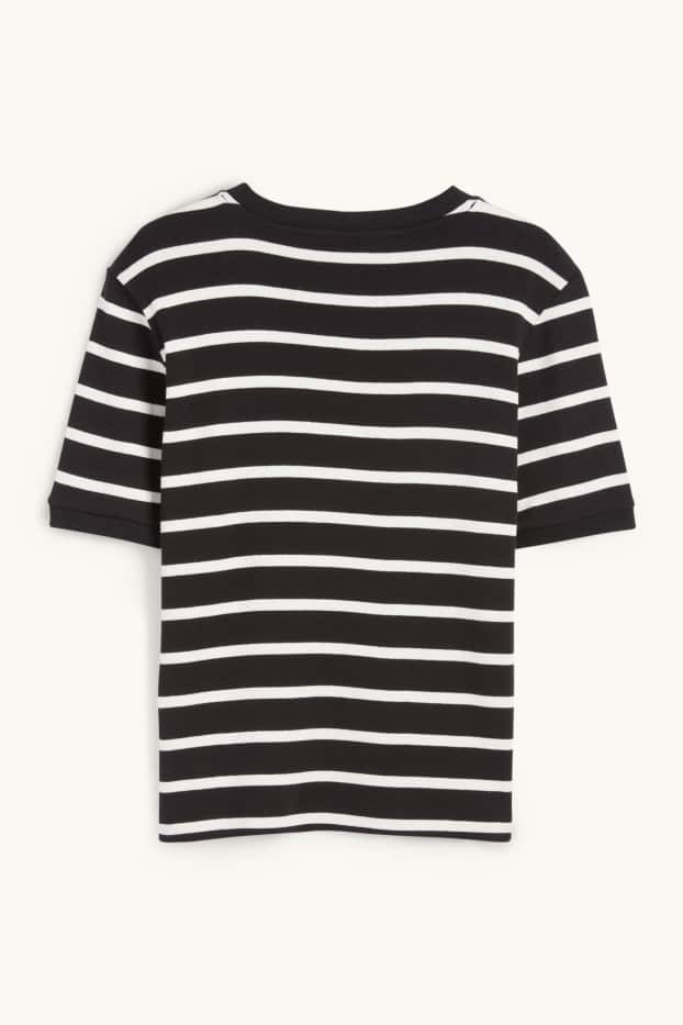 Women - Knitted jumper - short sleeve - striped - black / white