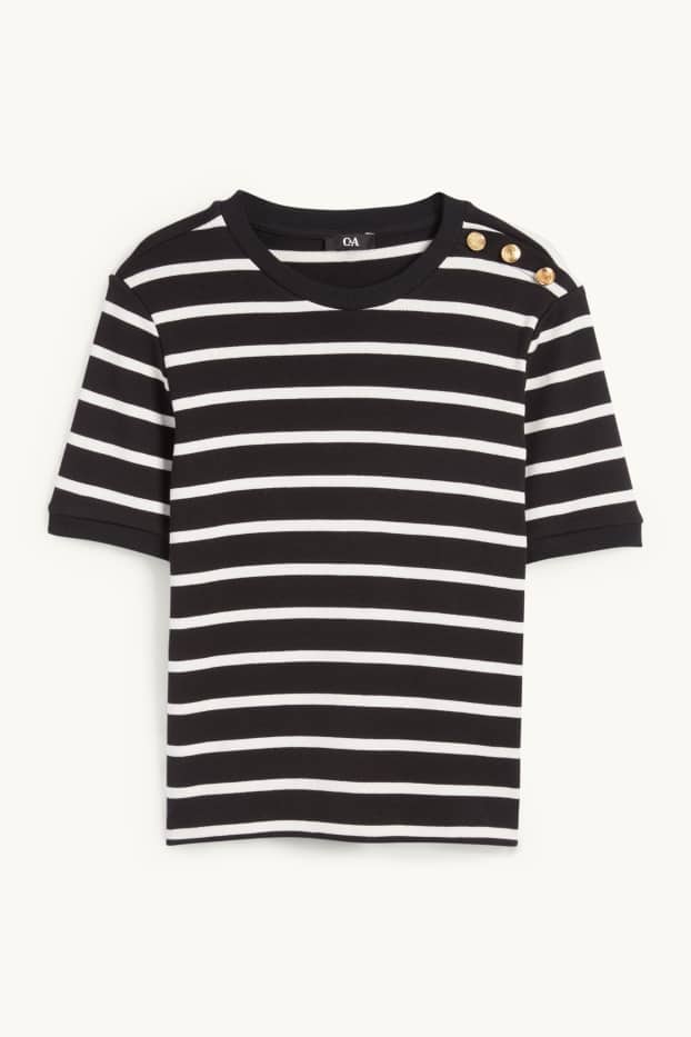 Women - Knitted jumper - short sleeve - striped - black / white