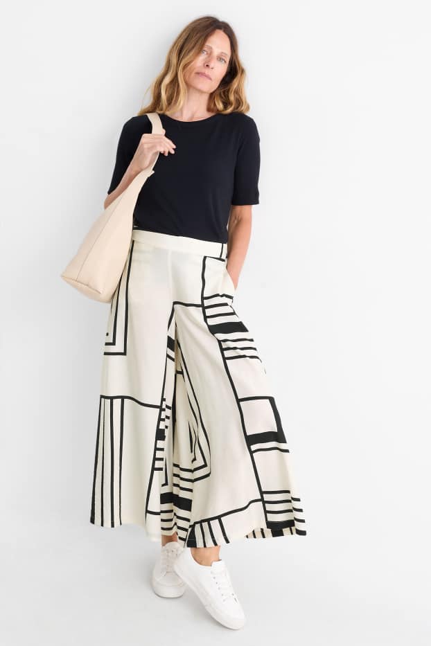 Femei - Pantaloni de stofă - talie înaltă - wide leg - cu model - alb / negru