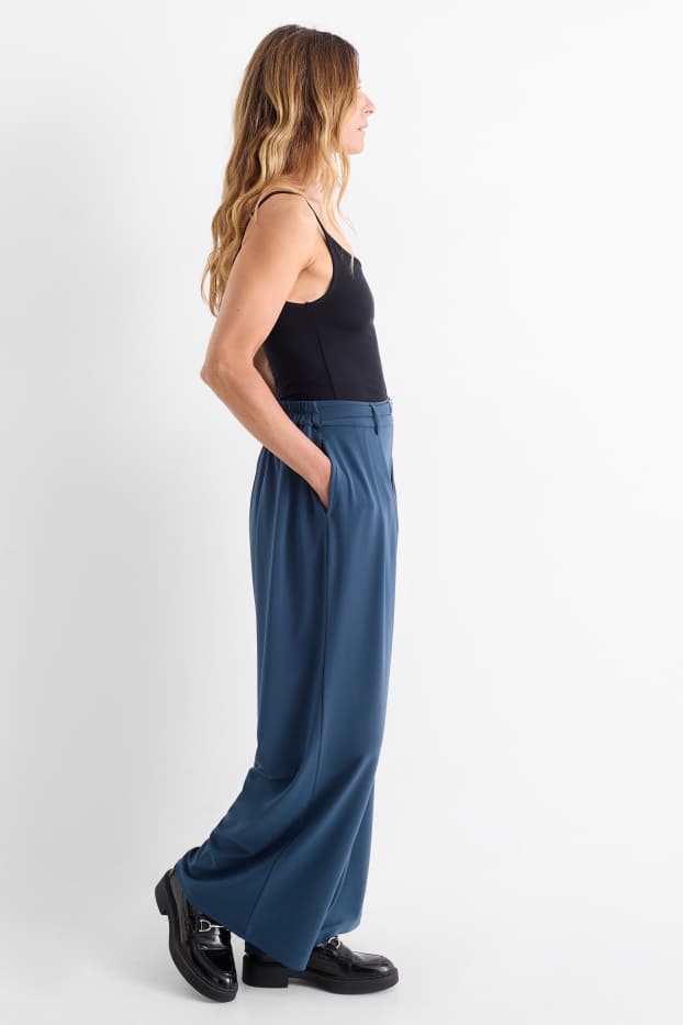 Women - Jersey trousers - high-rise waist - wide leg - dark blue