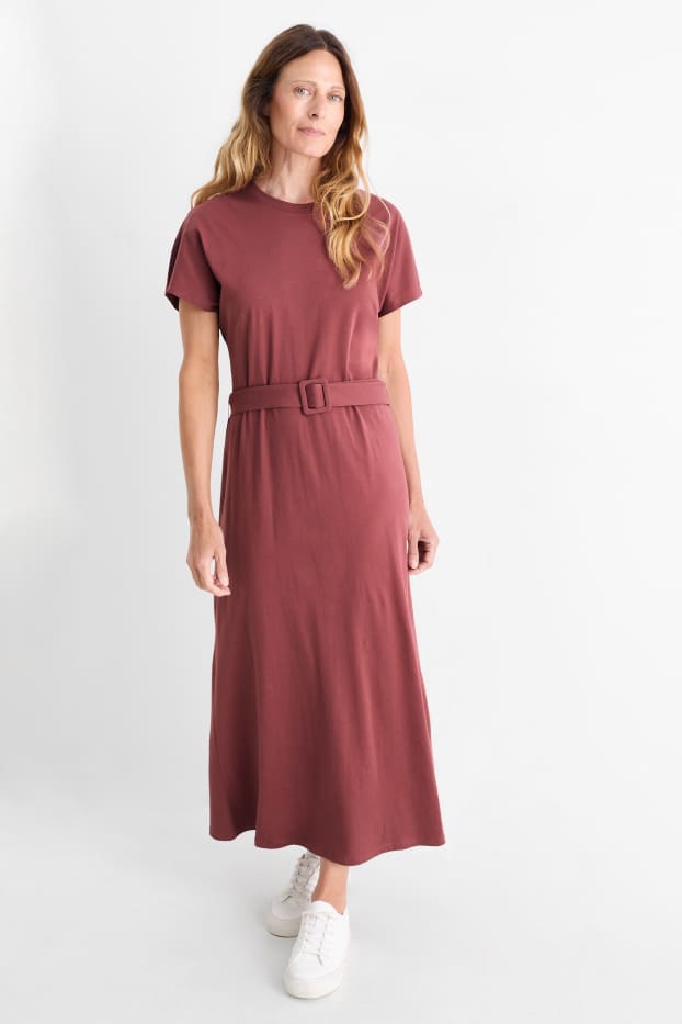 Donna - Vestito a t-shirt con cintura - bordeaux