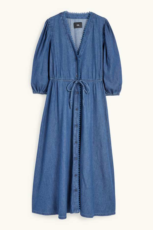 Women - V-neck denim dress - dark blue