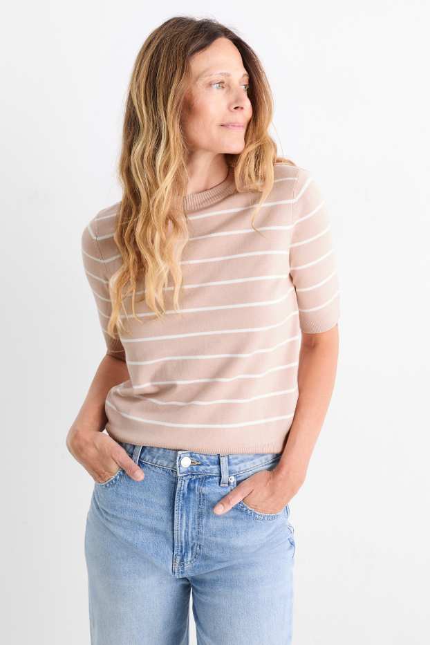 Dames - Gebreide trui - korte mouwen - gestreept - roze