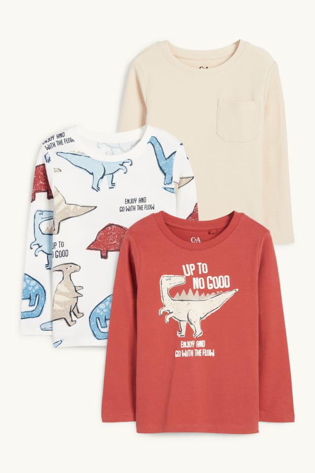 Kinderen: jongens - Set van 3 - dino - longsleeve - donker oranje