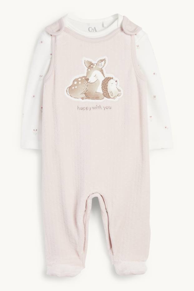 Neonate - Fiorellini, capriolo e riccio - set con tutina - 2 pezzi - bianco / rosa