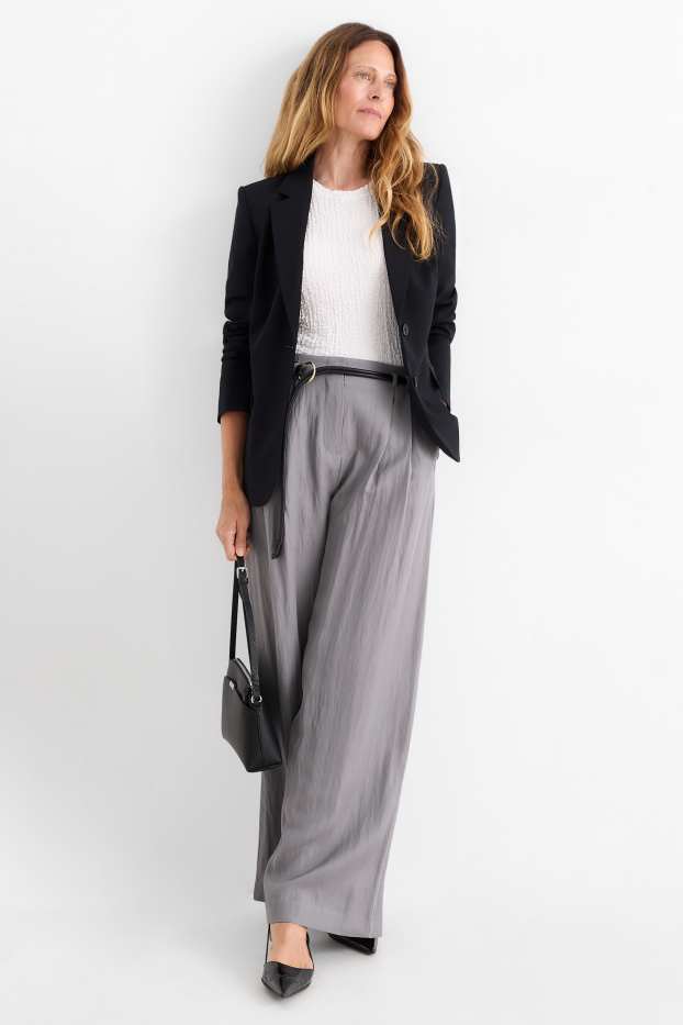 Femmes - Pantalon en toile avec ceinture - high waist - wide leg - gris
