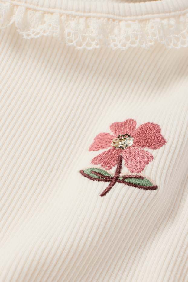Kinder Mädchen - Blume - Langarmshirt - gerippt - beige