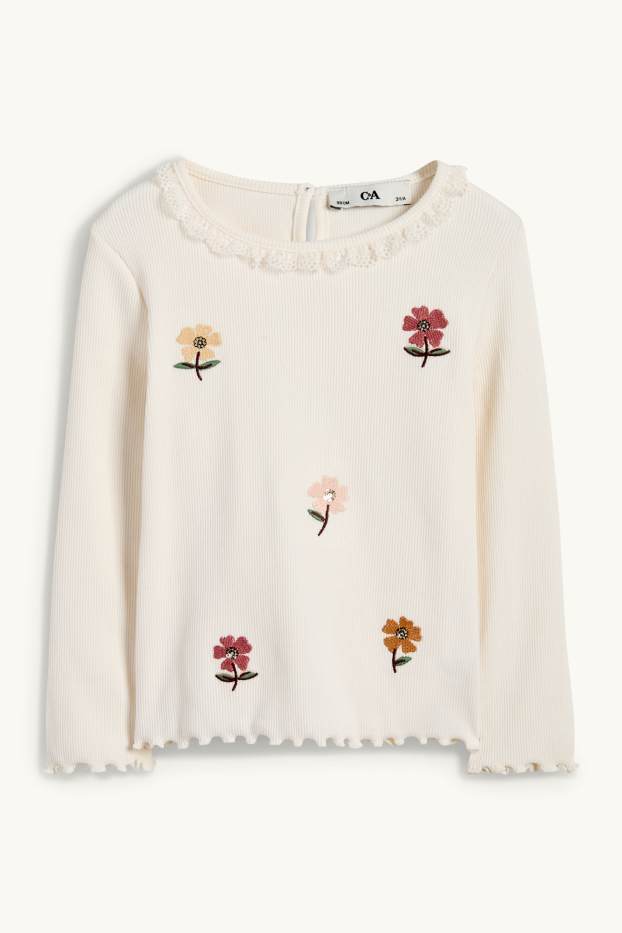 Kinder Mädchen - Blume - Langarmshirt - gerippt - beige