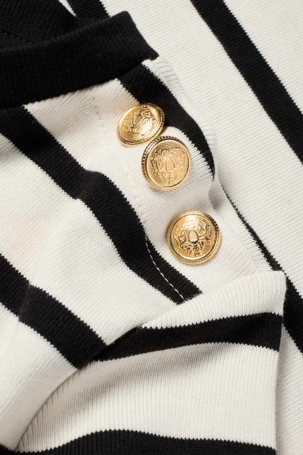 Women - Knitted jumper - short sleeve - striped - black / beige