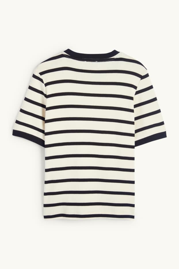 Women - Knitted jumper - short sleeve - striped - black / beige