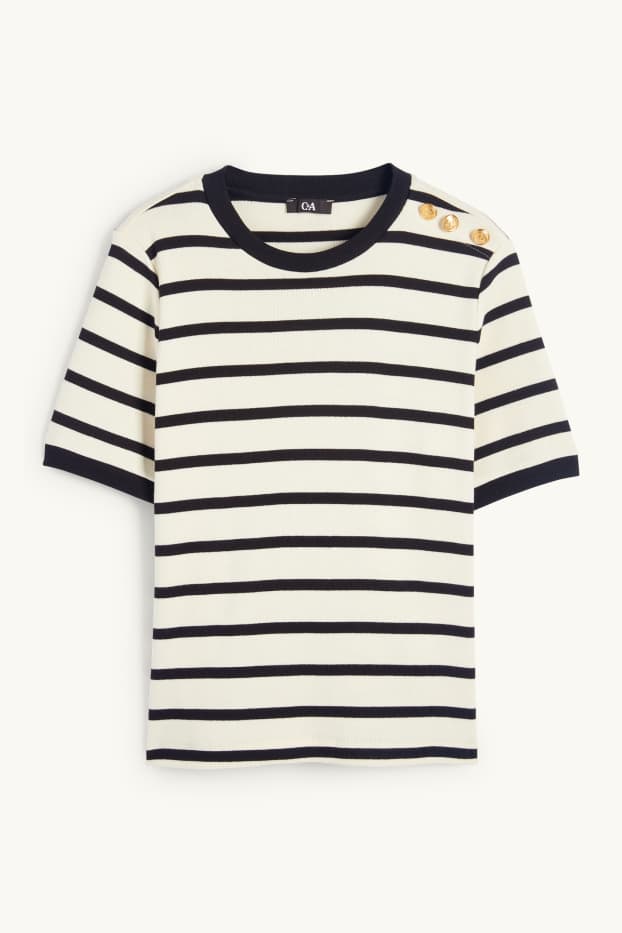Women - Knitted jumper - short sleeve - striped - black / beige
