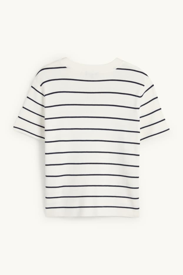 Femei - Pulover tricotat - mânecă scurtă - cu dungi - albastru închis / alb-crem