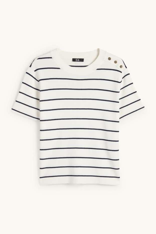 Femei - Pulover tricotat - mânecă scurtă - cu dungi - albastru închis / alb-crem