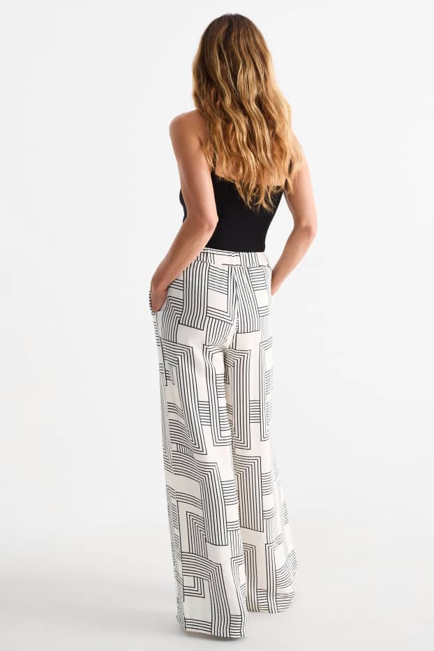 Femmes - Pantalon en toile - high waist - wide leg - à motif - blanc / noir