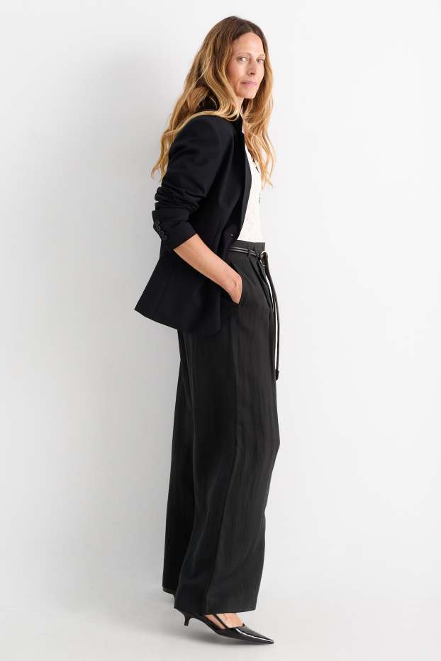Women - Cloth trousers with belt - high waist - wide leg - black