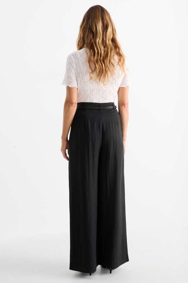 Women - Cloth trousers with belt - high waist - wide leg - black